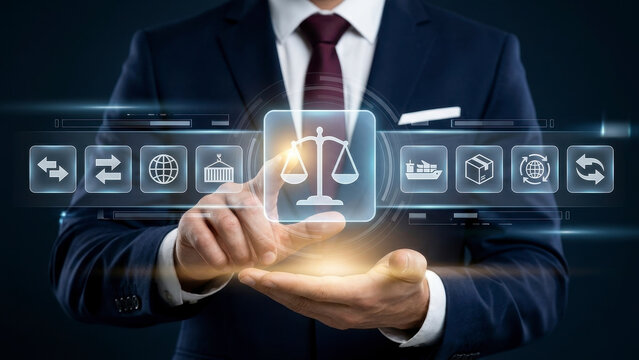 Global Trade Compliance and Logistics Management, Business Executive Touching Holographic Balance Scale with Shipping, Import Export and Supply Chain Icons