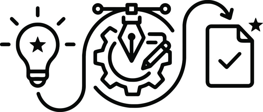 Creative process icon set, from idea to final project, vector illustration of light bulb, design tools like pen tool and gear, and completed document with checkmark