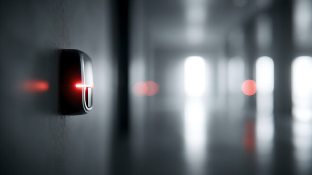 Access control system with RFID card reader glowing red in dark corridor

