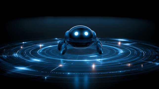 Small round blue robot sitting on a glowing circular technological platform
