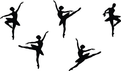 Ballet dancer silhouettes in various poses black on white background © Nilufasultana