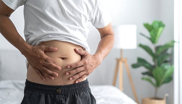Man with bloated stomach in bedroom.