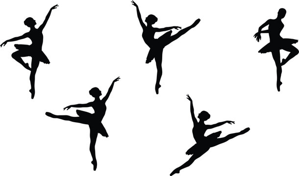 Ballet dancer silhouettes in various poses black on white background