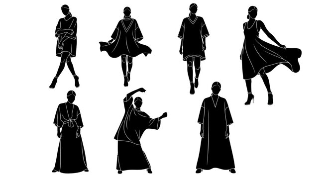 Set of Women Silhouettes in Elegant Dresses and Kaftans