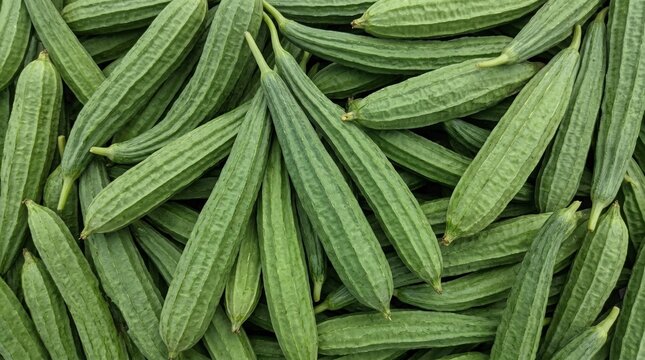 A close up overhead view of a pile of fresh ridge gourd vegetables with distinct ribbed texture and vibrant green color a healthy ingredient