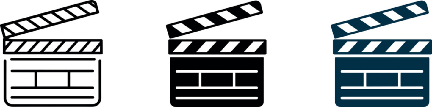 Movie film clapperboard icons set for cinema production video editing multimedia entertainment industry professional filmmaking cinematography equipment symbols