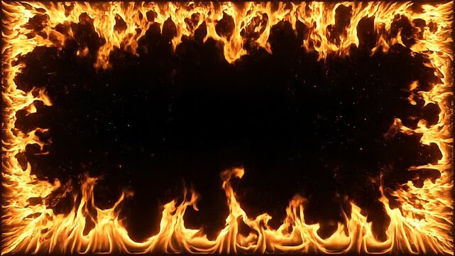 Bright fiery flame border with burning fire background and dark center for design and decoration