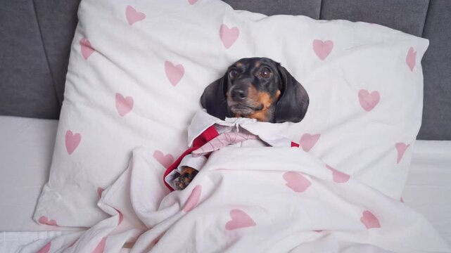 Funny black dachshund dog wearing red shirt with tie holding modern smartphone lying in bed with heart pattern bedding, addicted pet concept, valentine humor.