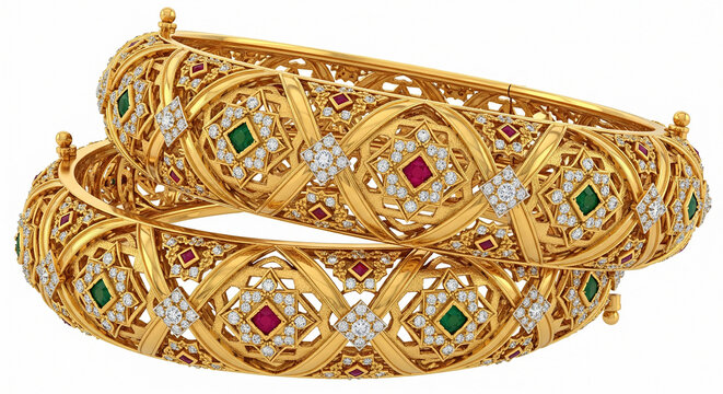 Intricate gold bangles with gemstones, isolated on white background