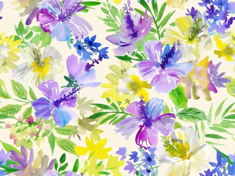 Watercolor elegant floral seamless pattern with abstract hand painted purple and white hibiscus, tropical flowers and leaves for fabric, wall paper and interior design