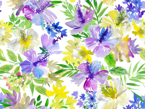 Watercolor elegant floral seamless pattern with abstract hand painted purple and white hibiscus, tropical flowers and leaves on a transparent background for fabric, wall paper and interior design