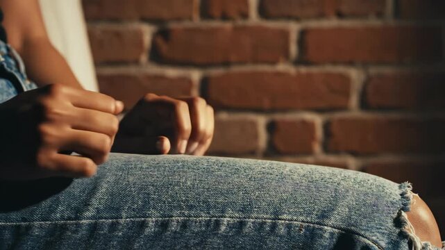 Close up shot of person hands fidgeting and tapping on denim pants against a moody brick wall background depicting anxiety and restlessness.