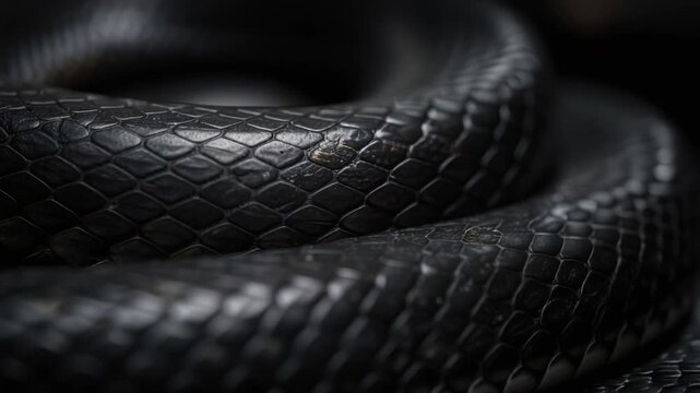 Close up of black snake scales texture showcasing detailed reptile skin pattern in dark lighting
