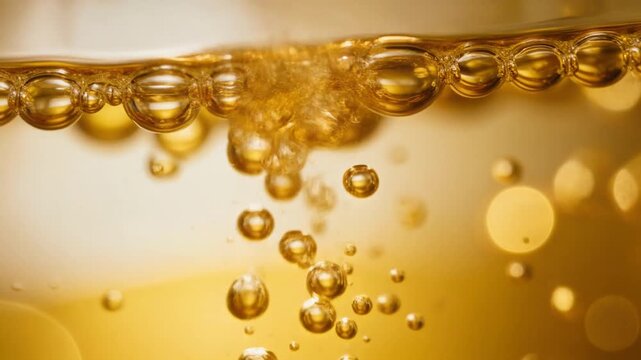 Close up of golden bubbles rising in a sparkling liquid beverage with warm light reflections