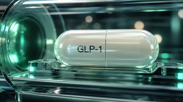 GLP 1 capsule medical concept featuring futuristic metallic glass elements with glowing green light showcasing advanced pharmaceutical technology innovation healthcare treatment medicine