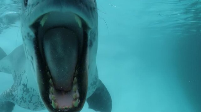 Underwater leopard seal opens its mouth showing sharp teeth while swimming