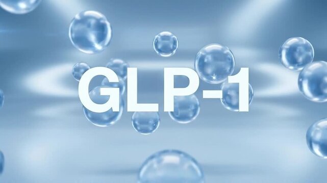 GLP 1 concept featuring floating transparent spheres and bubbles in soft blue medical background symbolizing advanced health innovation, futuristic clean medical research and treatment development