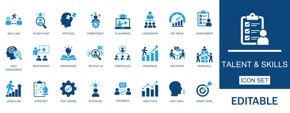 Skill assessment and talent management solid icon set. Includes competency mapping, employee evaluation, leadership development and recruitment analytics. Flat vector assets.
