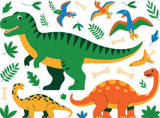 Cute dinosaur collection set featuring Tyrannosaurus Rex Brachiosaurus and Pterodactyl with tropical leaves and bones on white background © MdAbdur