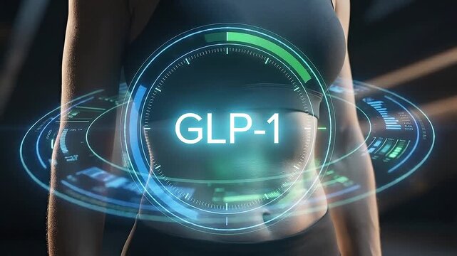 GLP 1 medical concept featuring futuristic digital interface over fit abdomen showcasing health technology, wellness innovation, and fitness monitoring for advanced medical care