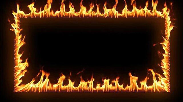 Bright fiery flame frame on black background burning hot with vivid orange and yellow fire border