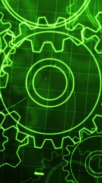4K vertical video overlay template Futuristic neon green gear mechanism animation with rotating cogwheel outlines, glowing engineering grid, and cyber mechanical concept