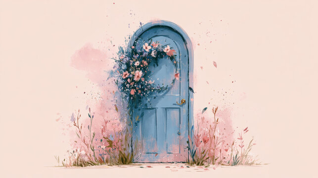 Watercolor illustration blue door floral wreath pink flower arched doorway pastel background garden scene, soft spring bloom, calm romantic mood