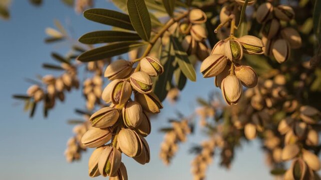 Close-up of ripe pistachio nuts on tree branches with green leaves and clear sky background