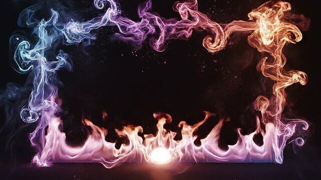 Abstract fiery frame with colorful smoke flames on black background for creative design and decoration