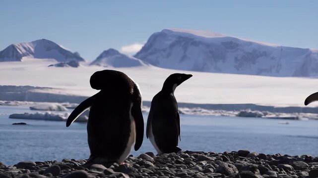 Penguins standing on a rocky shore with snow-capped mountains and icebergs in the background