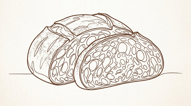 Minimalist Line Art Illustration of Sliced Sourdough Bread Loaf on Textured Paper