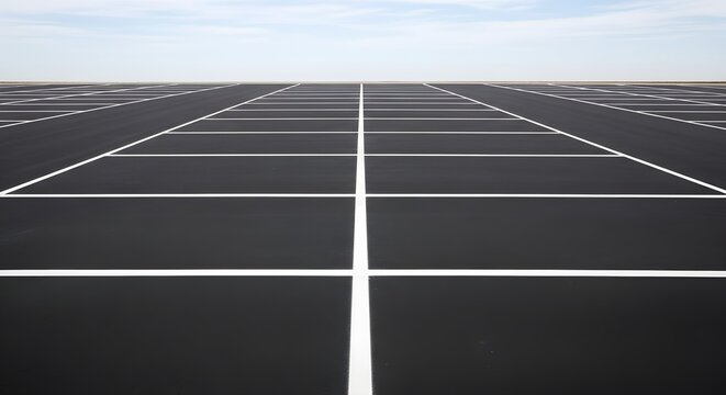 Perspective view of empty vast asphalt parking lot with white dividing lines stretching to horizon