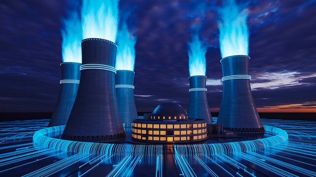 Modern nuclear energy facility with glowing cooling towers and digital technology background