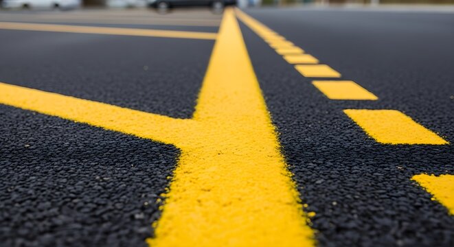 Close-up view of a yellow line painted on an asphalt surface, showing distinct markings and textures