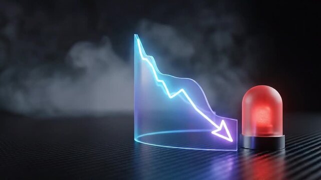 Economic recession forecasts reveal sharp decline with glowing arrow graph and red warning light signaling urgent financial alert and crisis in dark background for clear economic warning
