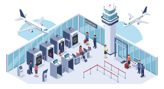 Isometric illustration of an airport security checkpoint with passengers going through scanners and passport control, with airplanes and a control tower in the background.