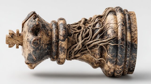 Chess piece king cracked in half with roots growing out, strategy and growth concept, isolated on a white background.