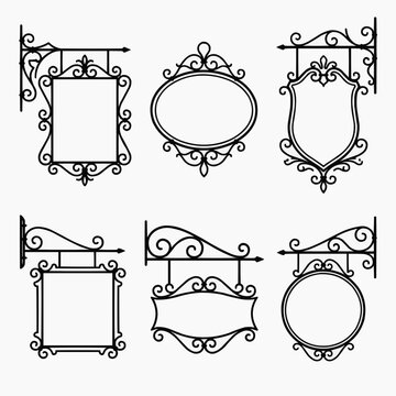 Elegant vintage wrought iron sign frames with blank space for text, perfect for design usage