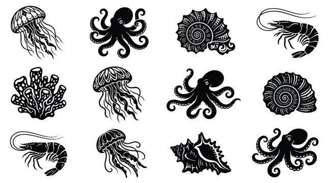 Collection of various sea creatures including octopuses, jellyfish, and shells in black silhouette on a white background.