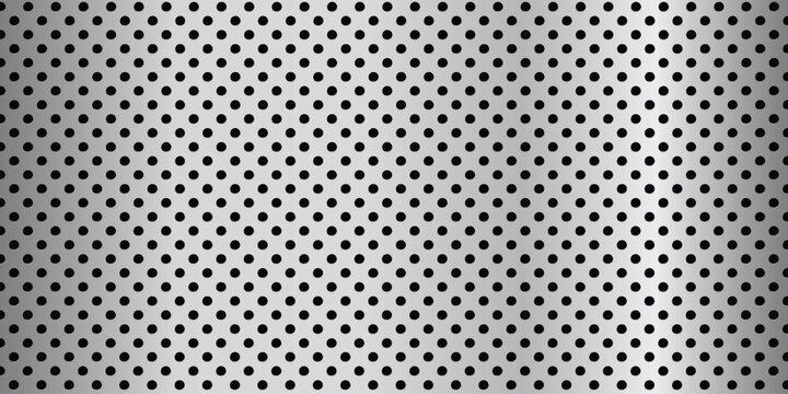 Seamless metallic perforated mesh texture background with circular holes. Silver steel grid pattern for industrial, tech, and automotive design.
