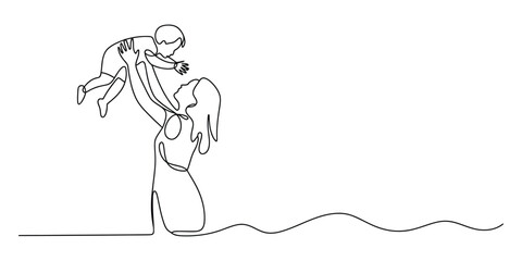 Fototapeta premium Mother holding her baby in continuous line art drawing