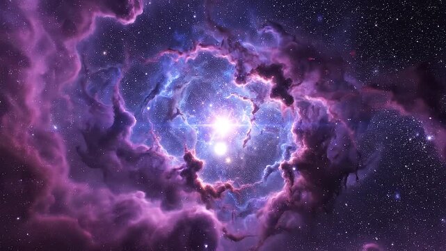 Ethereal cosmic nebula cloud in deep space with rich purple blue and faint pink gas swirling around bright center for sci-fi background