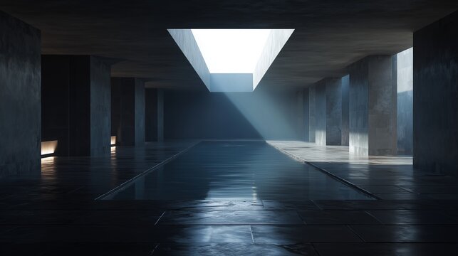 Sunbeam illuminates cavernous underground space with concrete pillars, interior
