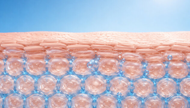 3D medical illustration of plump skin cells with deep hydration effect under blue sky, healthy skin barrier concept.