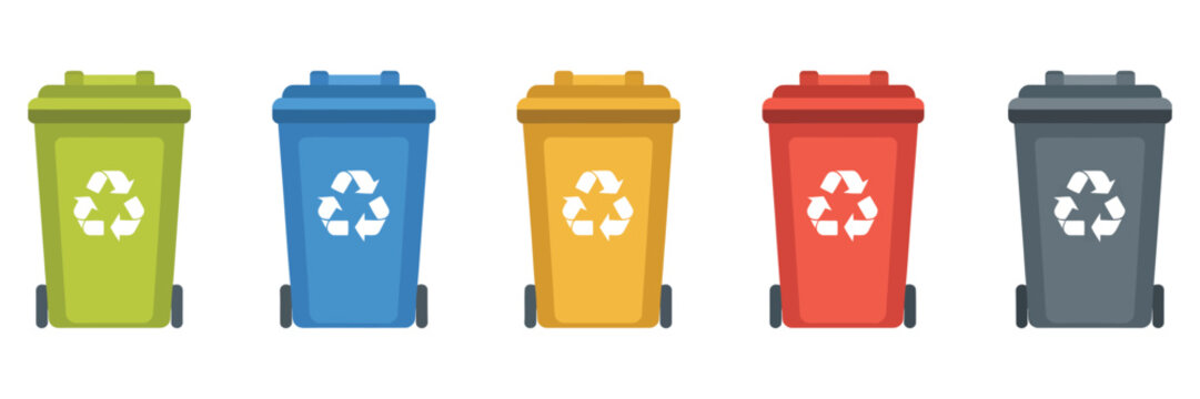 Dustbin Recycling Icons Set with Colorful Trash Cans and Recycling Symbols for Waste Sorting Containers and Eco Management Vector Illustration