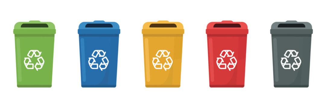 Dustbin Recycling Icons Set with Colorful Trash Cans and Wheel Containers for Waste Sorting and Environmental Management Vector Illustration