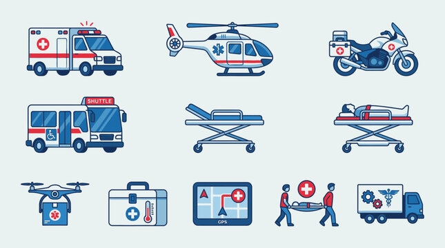 Emergency responders transport patients with various vehicles and equipment.