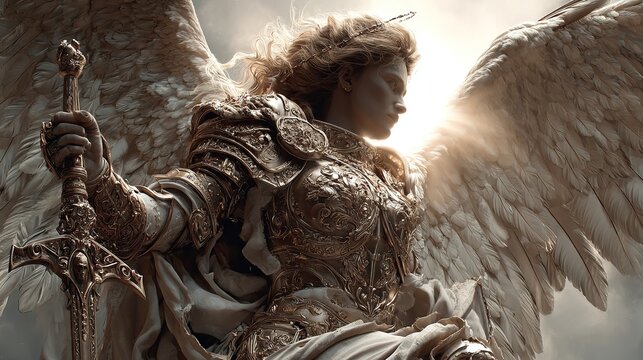 Guardian angel with armor and sword, glowing light from behind, isolated on white background.