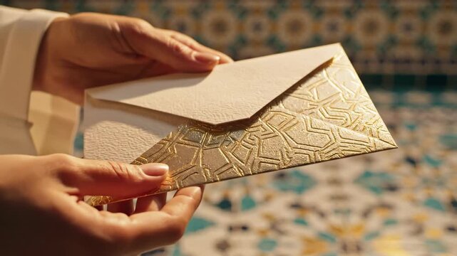Hands hold a luxurious textured envelope with an intricate geometric gold foil inlay, perfect for premium wedding invitations and greeting cards.