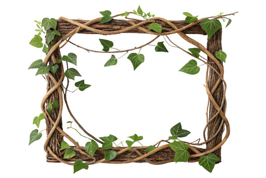 Natural log and vine rectangular frame with small green ivy leaves scattered throughout, earthy woodland border design.